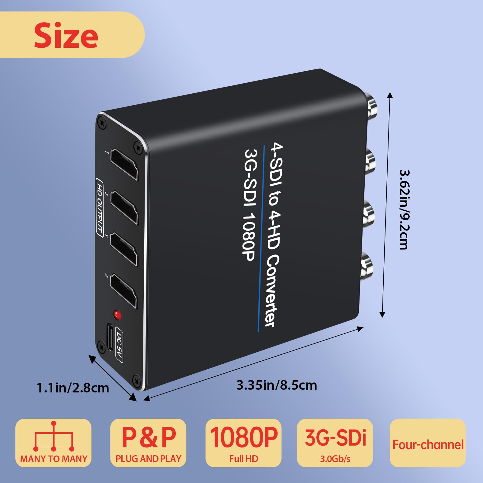 ACHAVE Convertidor de video SDI a HDMI, 4 entradas SDI y 4 salidas HDMI, 4 en 4 salidas, negro, soporte multiformato, entrada HD-SDI/3G-SDI, resolución de 1080p a 60Hz, transmisión de larga distancia