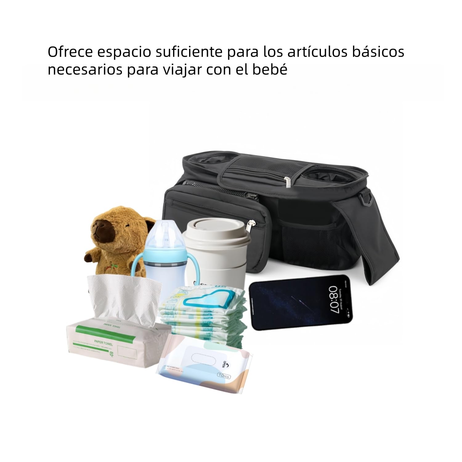 Bolso Carro Bebé Universal con 2 Portavasos Aislados y Monedero Extraíble, Bolsa Organizadora de Cochecitos Impermeable, Correa de Hombro Desmontable para Silla de Paseo y Carrito, Multifuncional