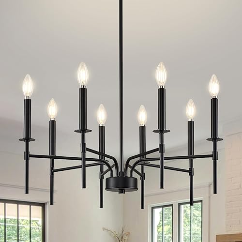 Qamra Metal 8 Lights Black Chandeliers for Dining Room, Farmhouse Dining Room Light Fixture,Candle Chandeliers Hanging Over Table Living Room Kitchen Bedroom Foyer Entryway(Bulbs Not Included)