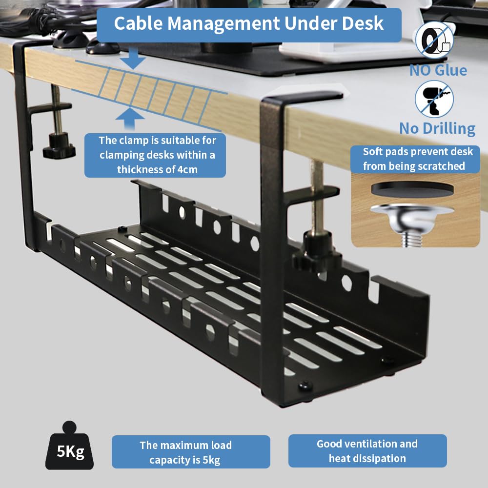 Kit de Plateau de Gestion des Câbles sous Bureau, Passe-Câbles Bureau sans Perçage, Câble Management Bureau Support de Câble Organisateur de Fil en Acier