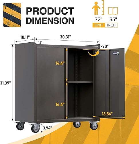 Miniatura 2 de Armario de almacenamiento de metal de 35.4 pulgadas de alto con 2 puertas, banco de trabajo superior, baúles de herramientas móviles, armarios de