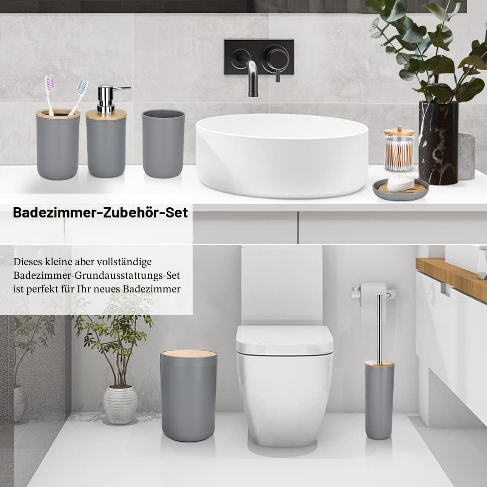 JOTOM 7 Stück Bambus Badezimmer Zubehör Badezimmer Zubehör Set Luxus Modern Bad Set Zahnbürstenhalter Becher Qtip Halter Toilettenbürste Set Seifenschale Mülleimer Seifenspender (Grau)