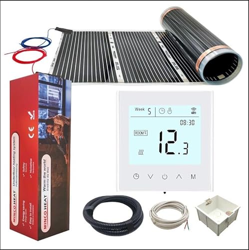 220 W/m² vormontierte Draht-Heizfolie und WLAN-Thermostat-Kits, Unterputzdosen, Wellrohr und 3 m Temperatursensor (2 m² Folie und Smart-Thermostat)