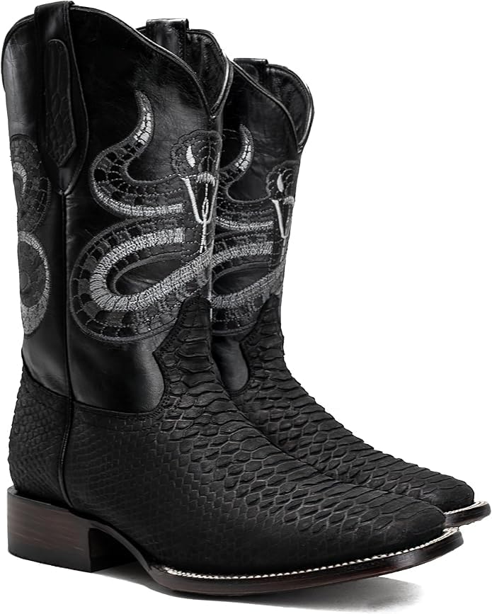 Men’s Genuine Leather Exotic Python Snakeskin Print Square Toe Cowboy Western Boots - Black2