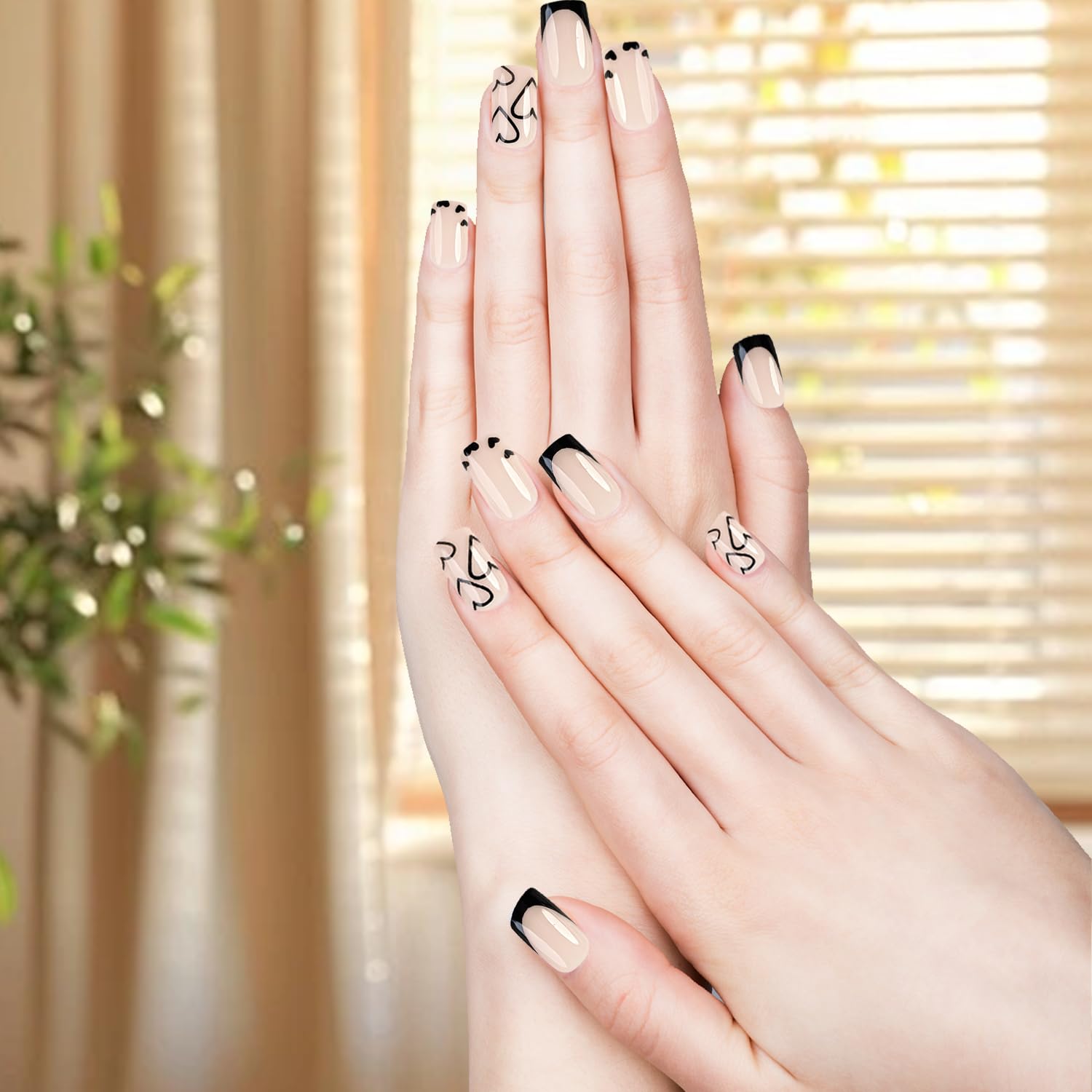 24 sztuki French Tip Press on Nails krótkie kwadratowe sztuczne paznokcie krótkie, czarne, akrylowe paznokcie z białym sercem, do naklejania, Fake Nails Soft Gel Extra Short naturalne i przyjemne