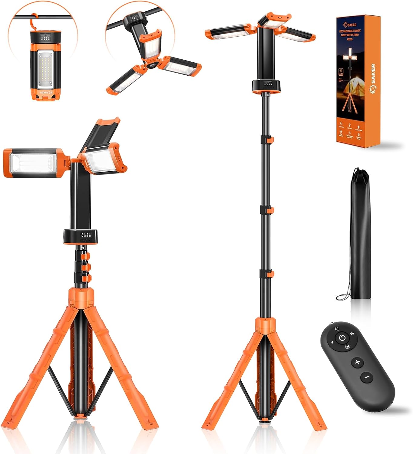 Saker Portable Camping Light with Remote & Stand 73.2" 12000mAh Rechargeable Work Light 3200 Lumen Camp Lanterns with Bag for Garage, Outdoor Work, Emergency Power Outages, Fishing LD10