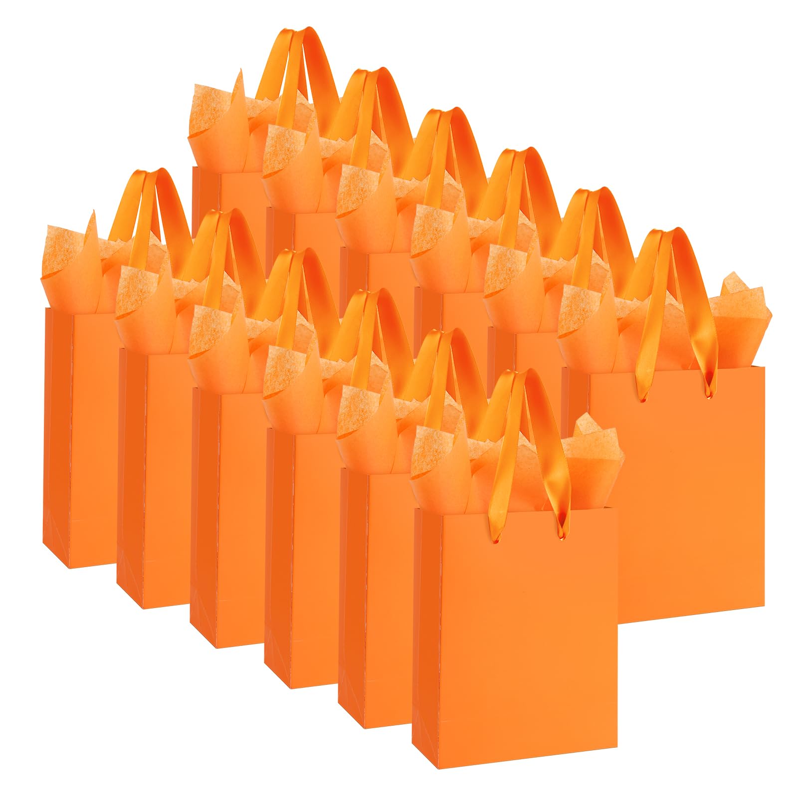 Ethhqu 12-Pack Orange Small Gift Bags with Handles - Includes 24 Tissue Papers, 6.3x4.7x2.4 Inches Mini Gift Card Bag for Birthday Party, Baby Shower, Wedding, Holiday