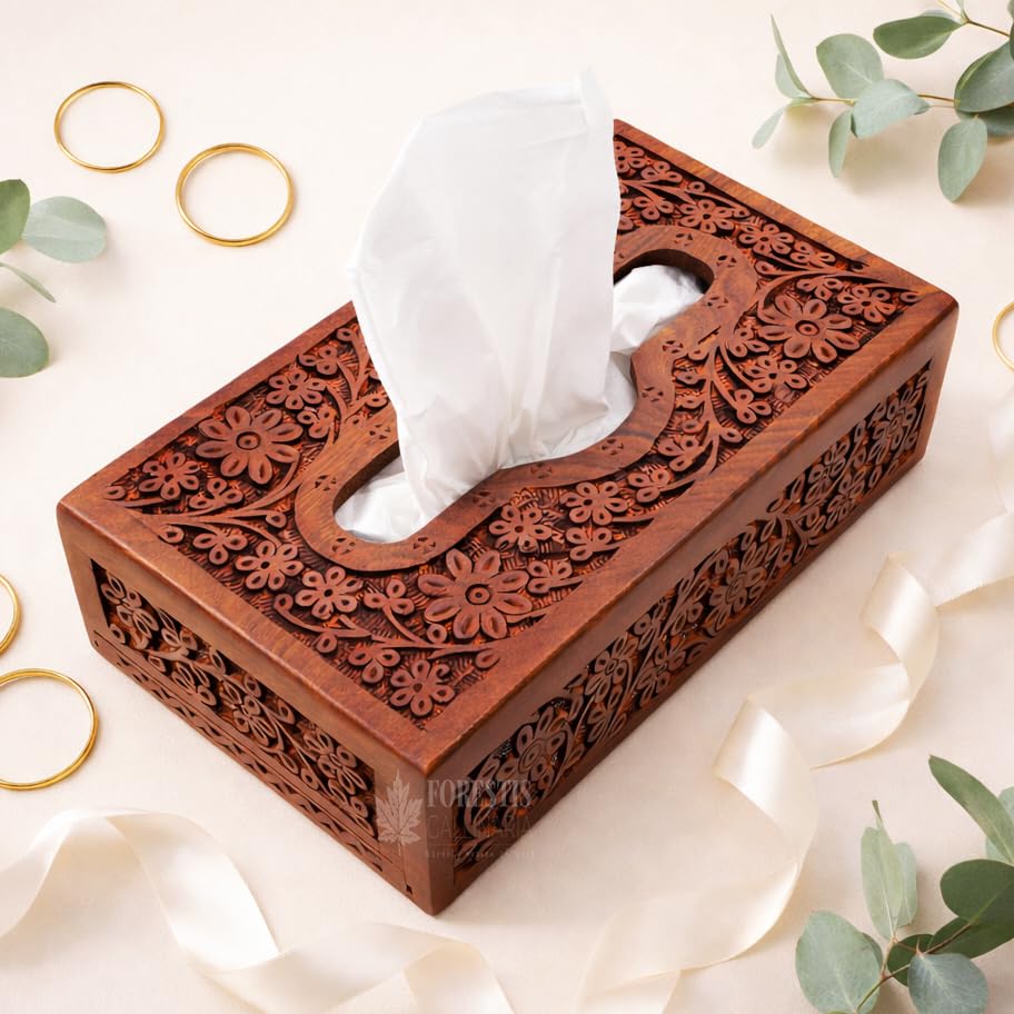 Image of Wooden Tissue Box| Acacia Wood Napkin Box| Tissue Holder Organizer for Table, Home, Office, Car| Rectangular Facial Paper Cloth Storage Case| Dispenser (9X5 Inches, Acara)
