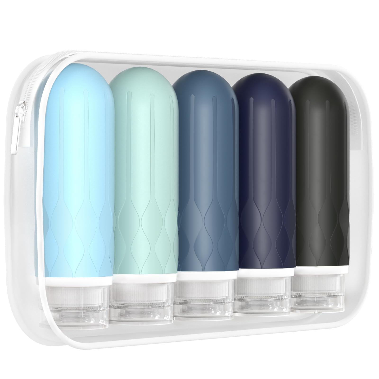 Photo 1 of 5 Pieces Travel Bottles for Toiletries, TSA-Approved Convenient 3oz Portable Size, Leak-Proof Design. Made with BPA-Free Squeezable Silicone. Complete Travel Set includes Clear Toiletry Bag?Cool-tone? A1