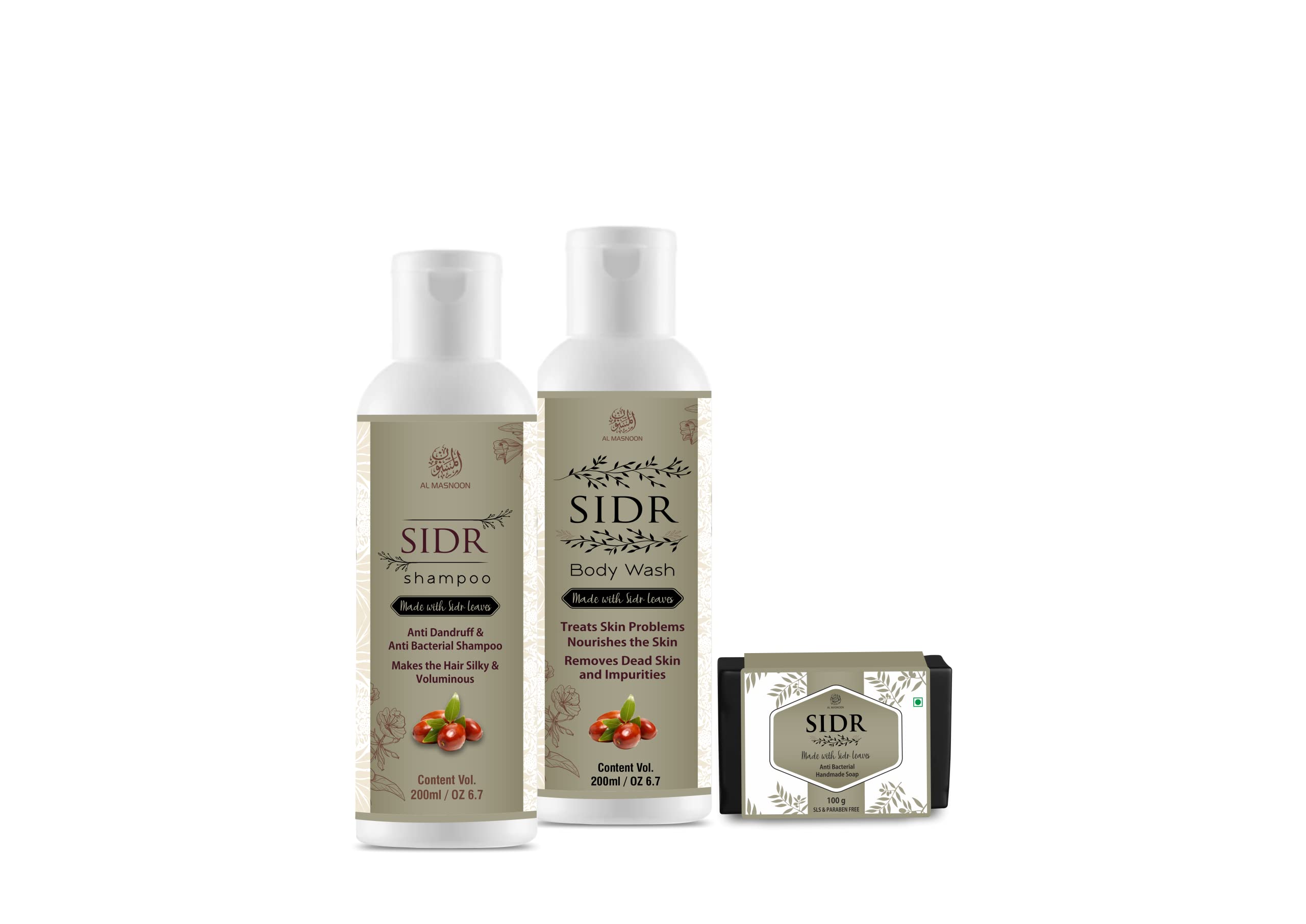 AL MASNOON Sidr Body Care kit / Sidr Shampoo 200ml / Sidr Body Wash 200ml / Sidr hair oil 200ml/ Sidr Soap /Made with Sidr Leaves