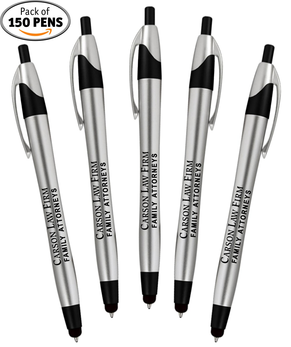 Personalized Writing Ink Ballpoint Novelty Pens, Custom Printed with Your Logo & Text"Click to Write - Click for Stylus Tip!" Works with Android, iPhone, iPads (Pack of 150 Pens - Black Barrels)