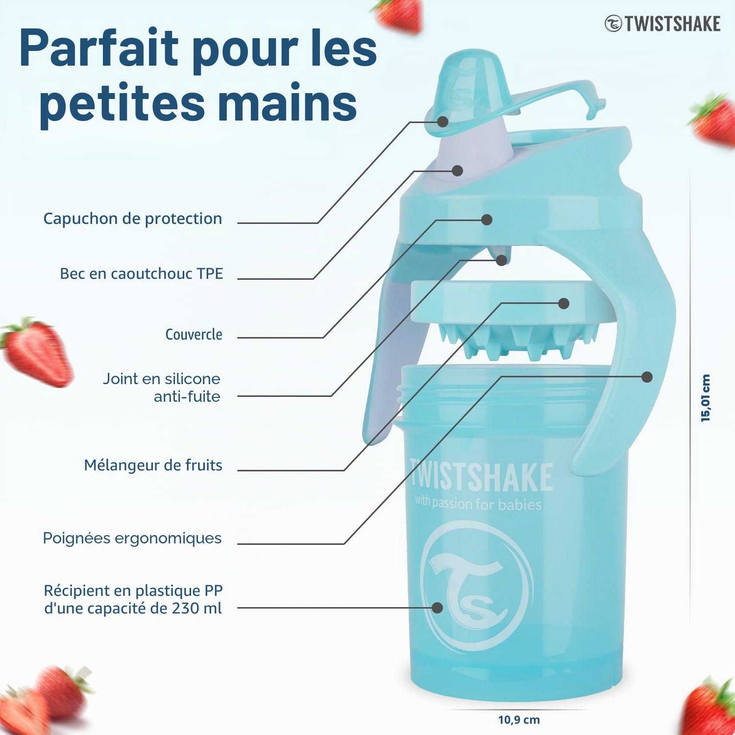 Twistshake Mini Cup – Gobelet Anti-Déversement 230 ml avec Bec Souple et Mélangeur de Fruits – Tasse de Sevrage Anti-Fuite pour Bébé – Sans BPA – Bleu