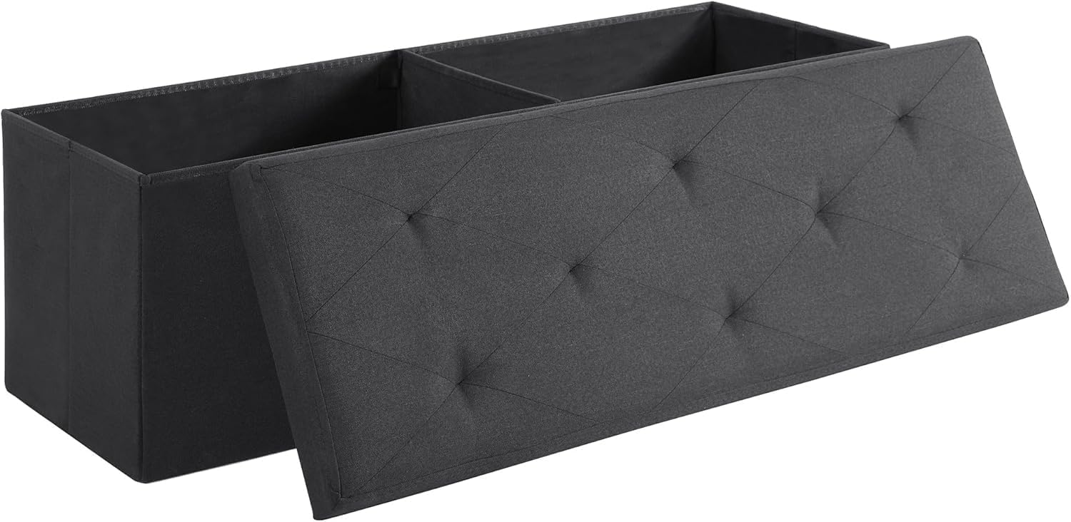 VECELO 43'' Folding Storage Ottoman Bench, Storage Chest, Linen Fabric Foot Rest Stool, 158L Storage Footstools for Bedroom and Living Room, Holds up to 660 lbs, JBlack