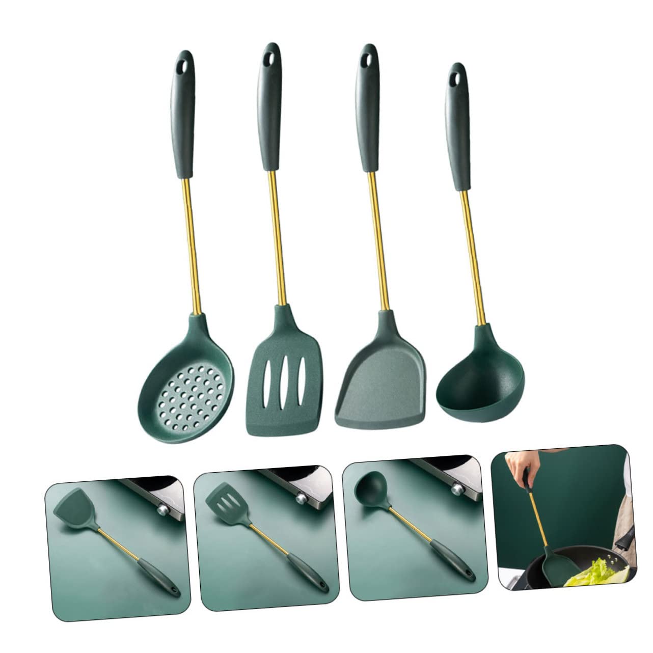 Teiliges Küchenutensilien Hitzebeständigem Silikon und Rostfreiem Edelstahl Antihaft kochwerkzeug mit Spatel Pfannenwender Suppenkelle und Großem Schaumlöffel Praktisch und