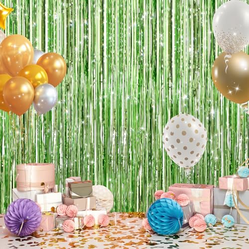 Image of GCB 2Pack Light Green Foil Curtain Backdrop Green Metallic Tinsel Foil Fringe Curtains Photo Booth Props for Birthday Wedding Engagement Baby Shower Bachelorette Xmas Holiday Celebration Party Decors