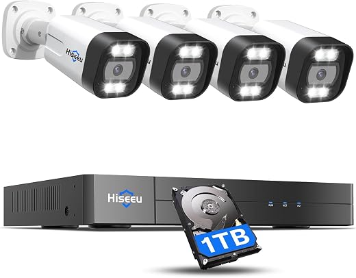 [Spotlight+2 Way Audio] Hiseeu 4K PoE Security Camera System,Home Surveillance Kits w/4Pcs 5MP IP Security Camera Outdoor&Indoor,Extendable to 16 CH,Waterproof,Human/Vehicle...
