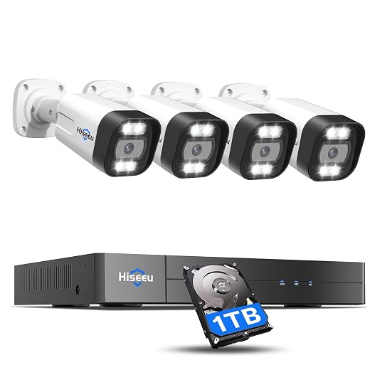 [Spotlight+2 Way Audio] Hiseeu 4K PoE Security Camera System,Home Surveillance Kits w/4Pcs 5MP IP Security Camera Outdoor&Indoor,Extendable to 16 CH,Waterproof,Human/Vehicle Detect,1TB HDD,7/24 Record