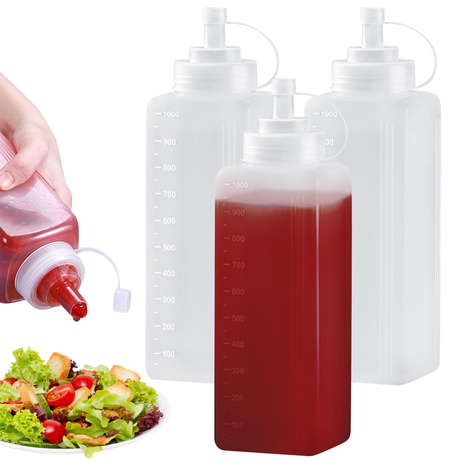 3 Piezas Botella de Salsa: 1000 ML Bote Plastico para Salsas, Squeeze Bottle, Condimento Botellas, Botella de Ketchup, Transparente Condimento Botellas para Condimentos, Mayonesa, Mostaza