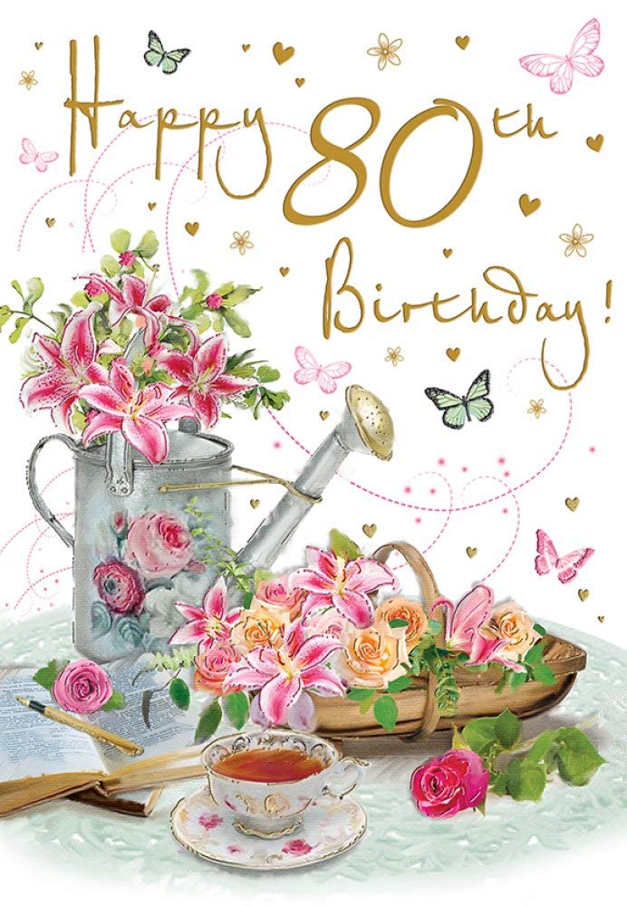 80th Birthday Card - Female - Watering Can Flowers - Glittered - Regal NEW