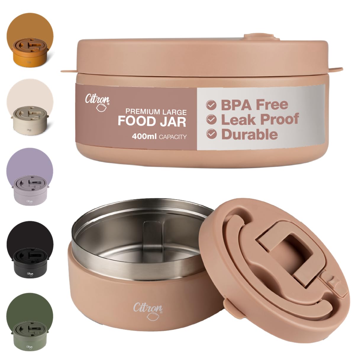 Citron Insulated Food Jars, 400ml – Easy Lock & Vacuum Seal Leak-Proof Lid, Keeps Food Warm for 6 Hours & Chilled for 7 Hours – BPA & Lead-Free, Adult & Kids Food Flasks for Hot Food and Cold Food