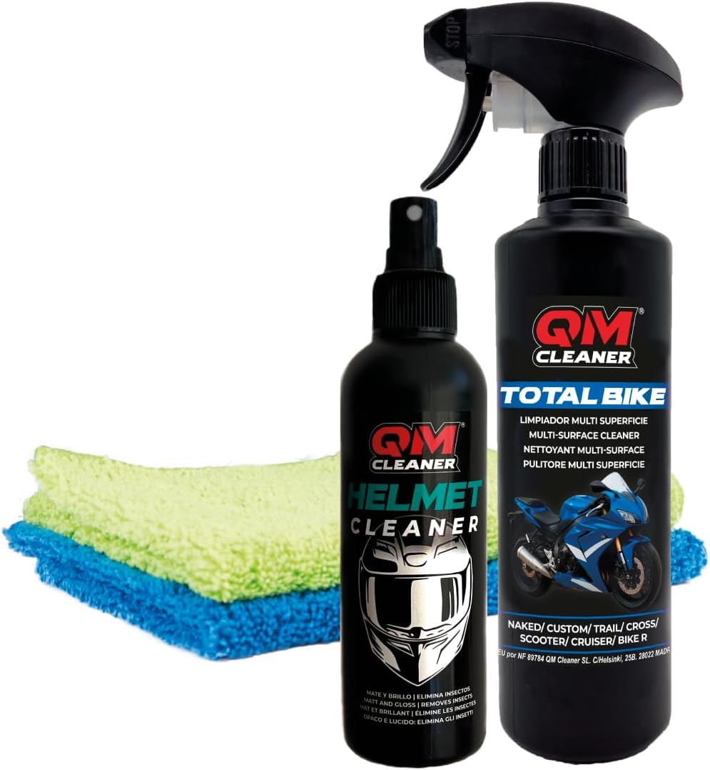 QM Cleaner Cleaning and Maintenance Kit for Motorcycle and Helmet | Multi-Surface Dry Cleaner and Insect Remover for Helmet Includes Total Bike (500 ml), Helmet Cleaner (200 ml) + 2 Cloths