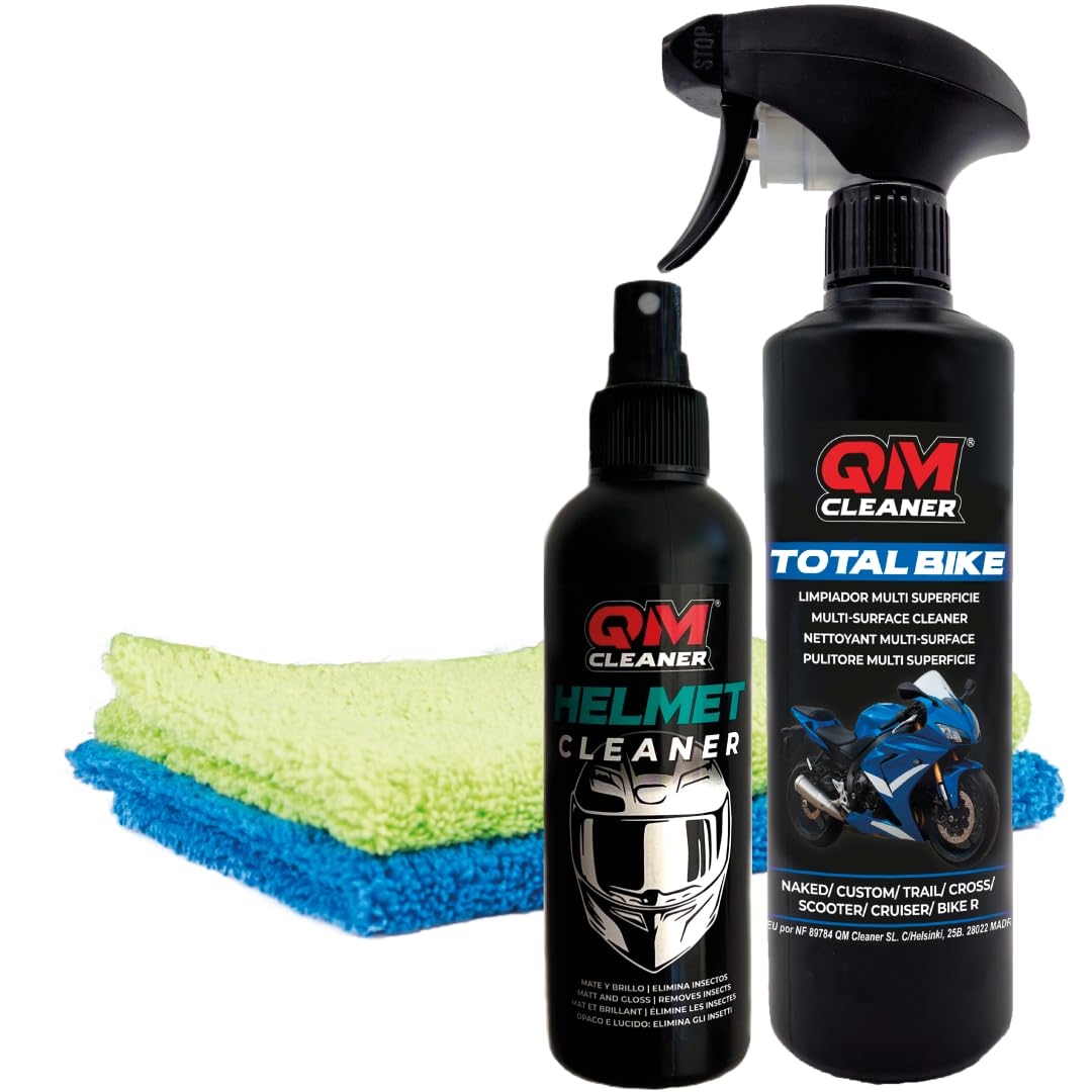 QM Cleaner - Moto e casco Kit | Per la pulizia e la cura della moto e del casco - Include prodotto per bici totale da 500 ml, rimozione di insetti per casco da 200 ml e 2 microfibre