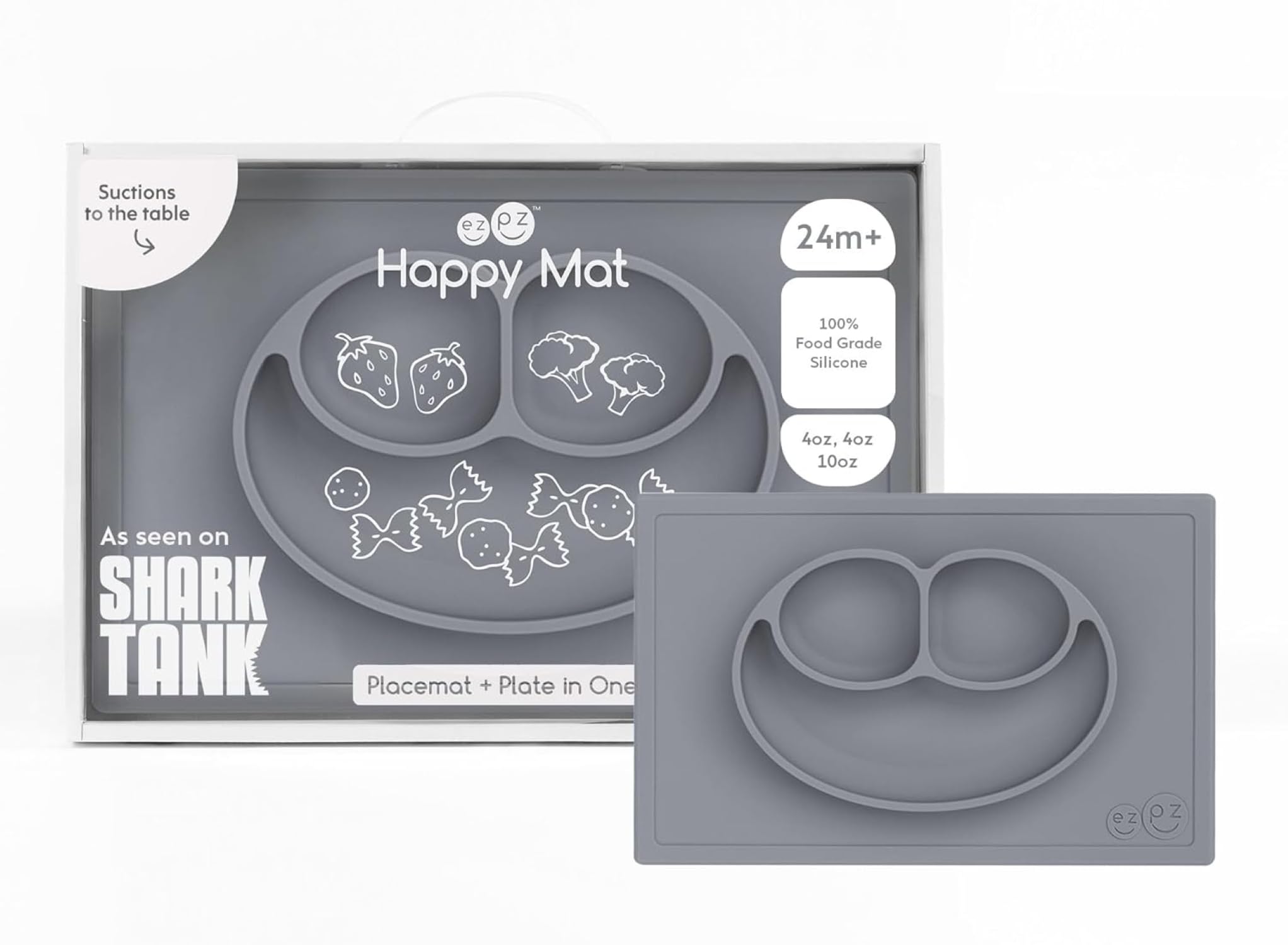 Happy Mat (Gray) - 24 Months+ - 100% Silicone Suction Placemat + Divided Plate with Three Compartments - Toddler + Preschool Essentials