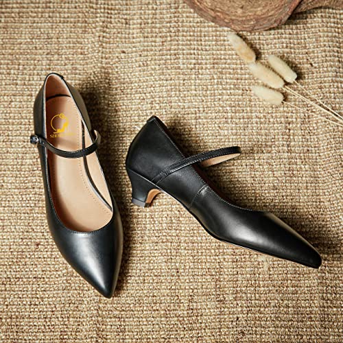 SHODENSE Women Low Kitten Heels Mary Jane Shoes Pointed Closed Toe Ankle Strap Pumps Sandals 1" Chunky Block Heel Comfortable Mary Jane Flats Ladies Girls Dressy Elegant Cute Fall Shoes 4-11 M US3