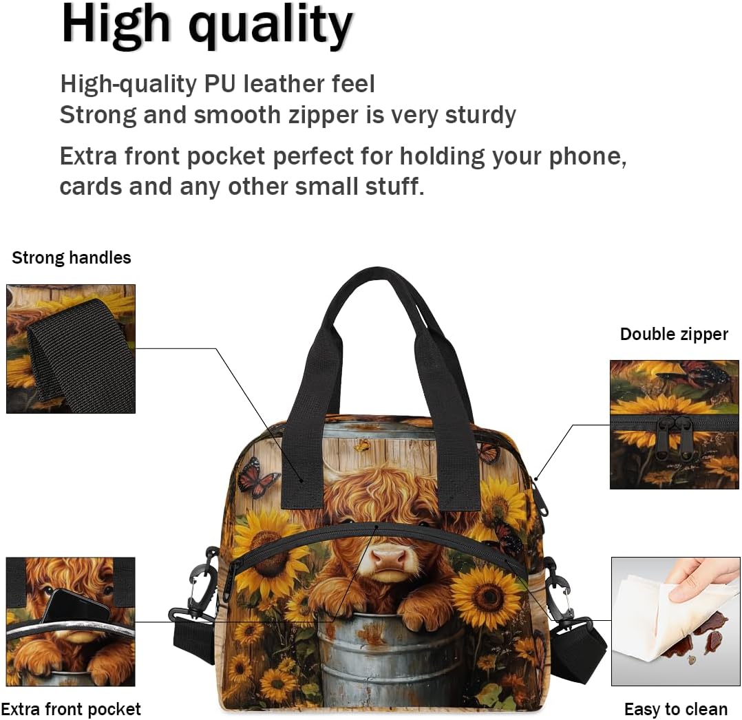 Highland Cow Sunflower Insulated Lunch Bag for Women Men Large Reusable Lunch Box with Adjustable Shoulder Strap & Zipper Leakproof Cooler Tote Bag for Work Offices Picnic Travel