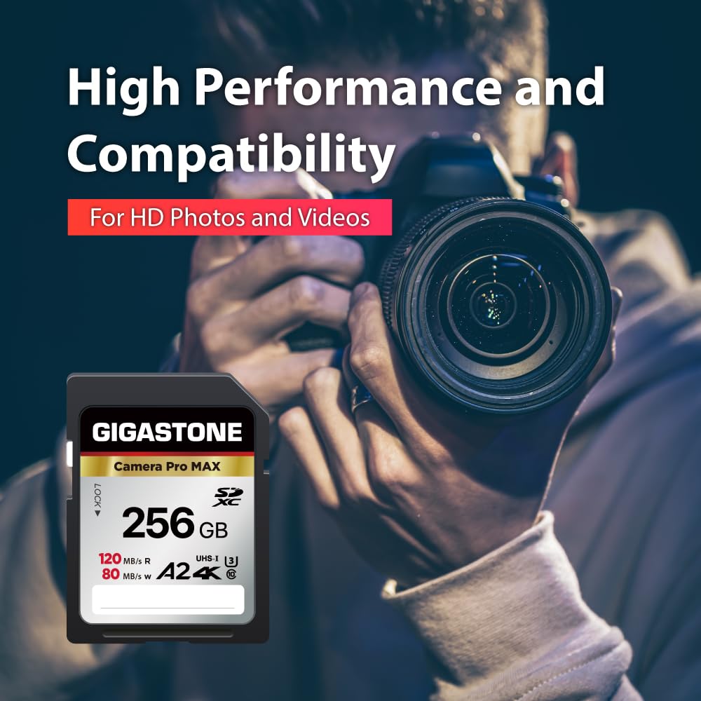 Gigastone A2 V60 Karta pamięci SDXC 256 GB, 4K Pro Seryjny Camera, Prędkość 120 MB/s. Kompatybilny z Canon Nikon Sony Panasonic, U3 UHS-I Class 10 dla 4K UHD Wideo, z 1 Mini etui