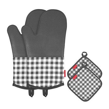 Ubersweet Heat Resistant Silicone Oven Gloves Non-Slip Oven Mitts + 2 Cotton Pot Holders for Kitchen Cooking Baking Grilling Barbecue-Grey Plaid