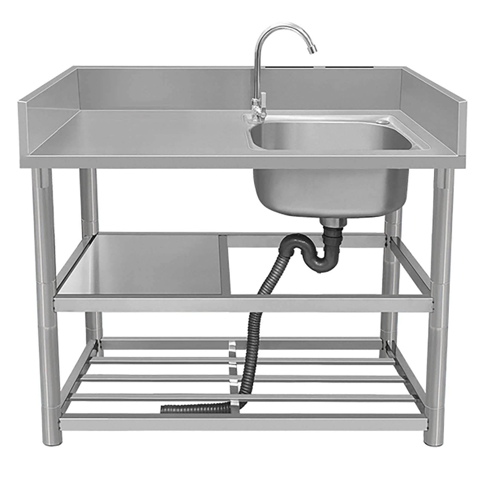 Évier de Cuisine Professionnel en Acier Inoxydable à Une cuve avec Plan de Travail et étagères - Robinet indépendant pour Salle de Bain, Restaurant ou Ferme