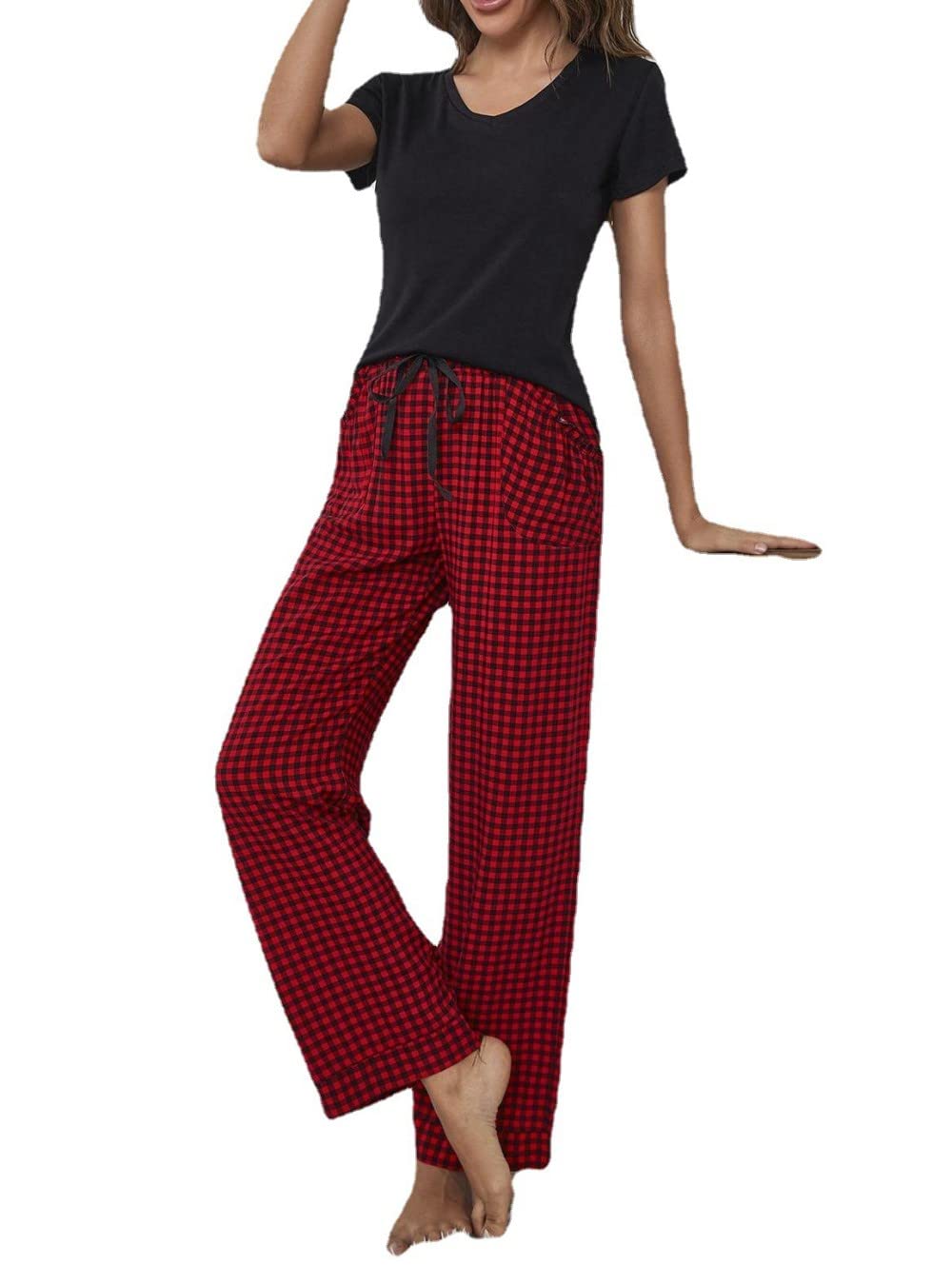 Pijama De Mujer Manga Corta,Tops Negros Y Pantalones A Cuadros Rojos Pijama De Manga Corta Para Mujer Conjunto De 2 Piezas Pijamas Suaves Y Cómodos Para Mujer Ropa De Descanso Regalo Del Día De La