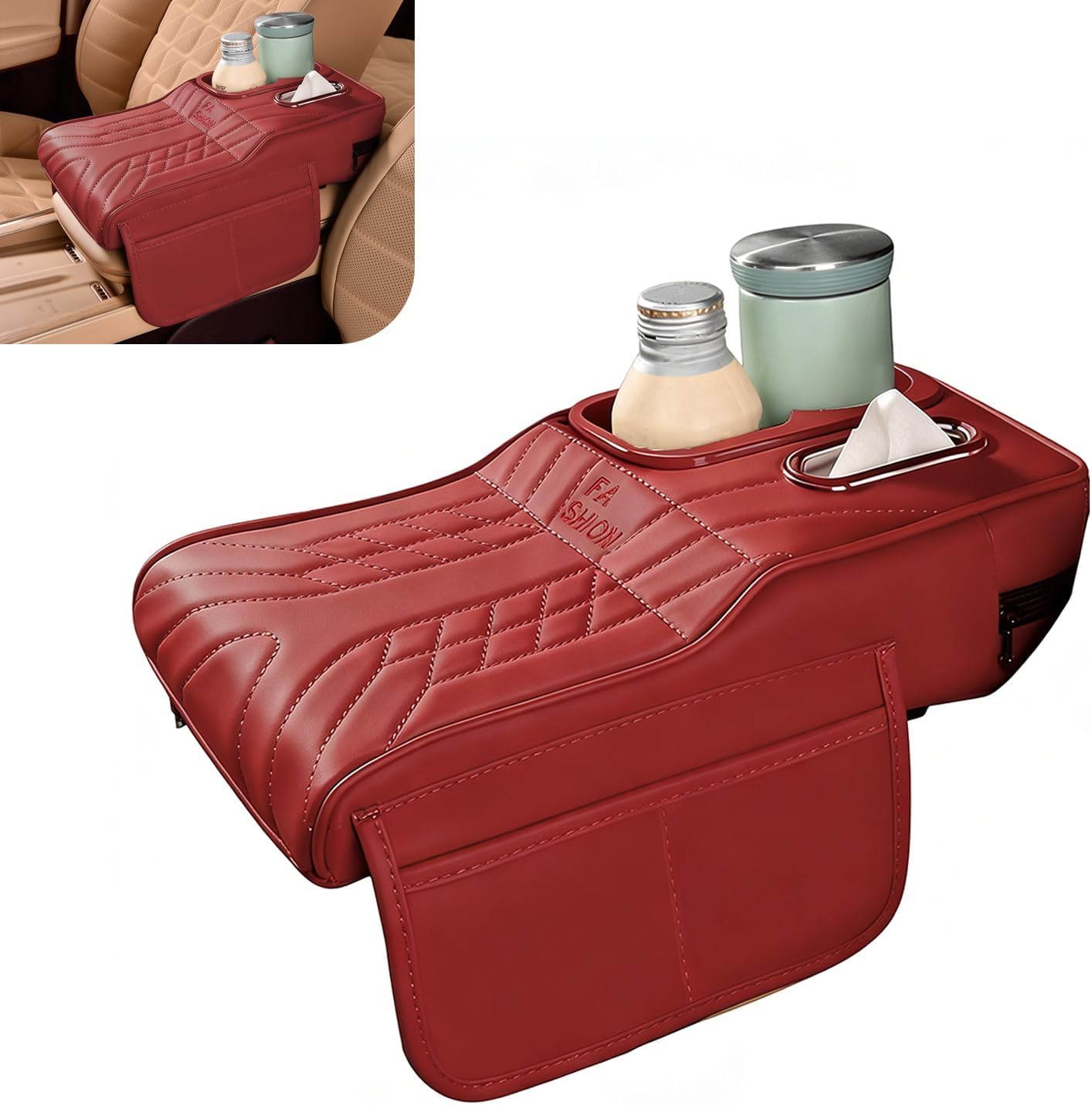 Car Center Console Cover, Waterproof Leather Multifunctional Armrest Booster Pillow with 2 Storage Bags Cup Holder, Tissue Box Slot, Universal for Most Cars with Pack of Tissues (Black & Red)