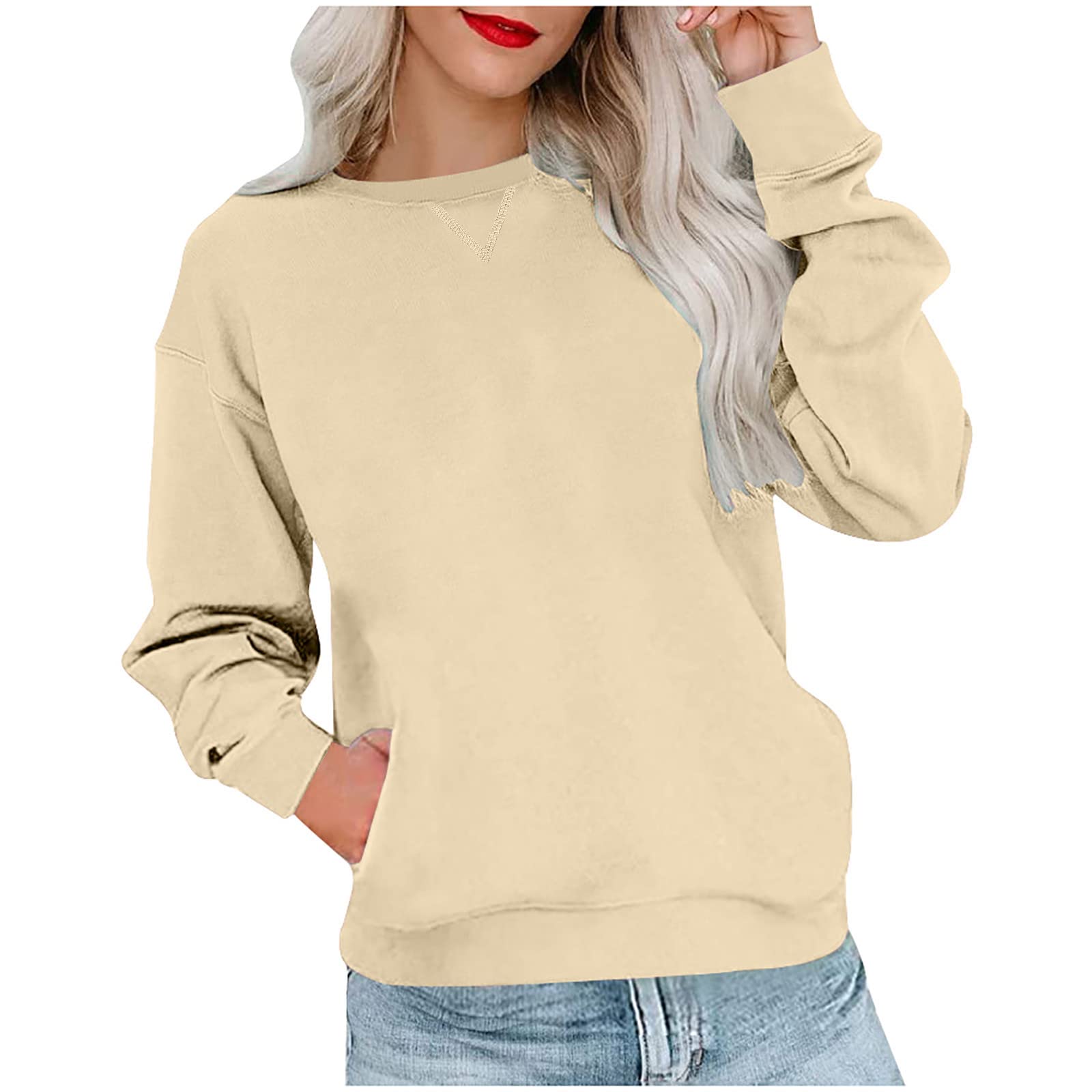 Womens Long Sleeve Crewneck Sweatshirt Trendy 2023 Lightweight Tunic  Sweater Shirts Casual Loose Pullover Tops