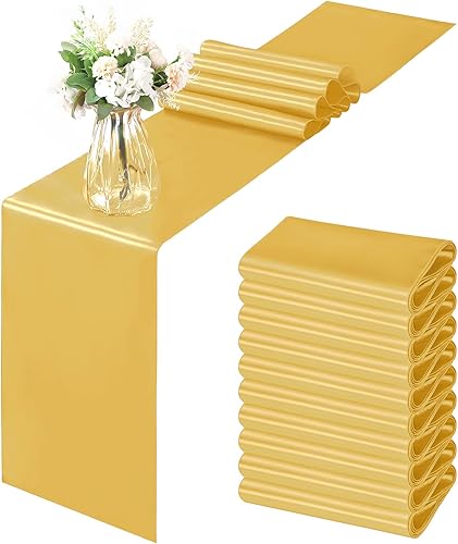 Paquete de 12 caminos de mesa satinados de oro amarillo de 12 x 108 pulgadas, caminos de mesa lisos para banquetes de boda, fiesta de cumpleaños