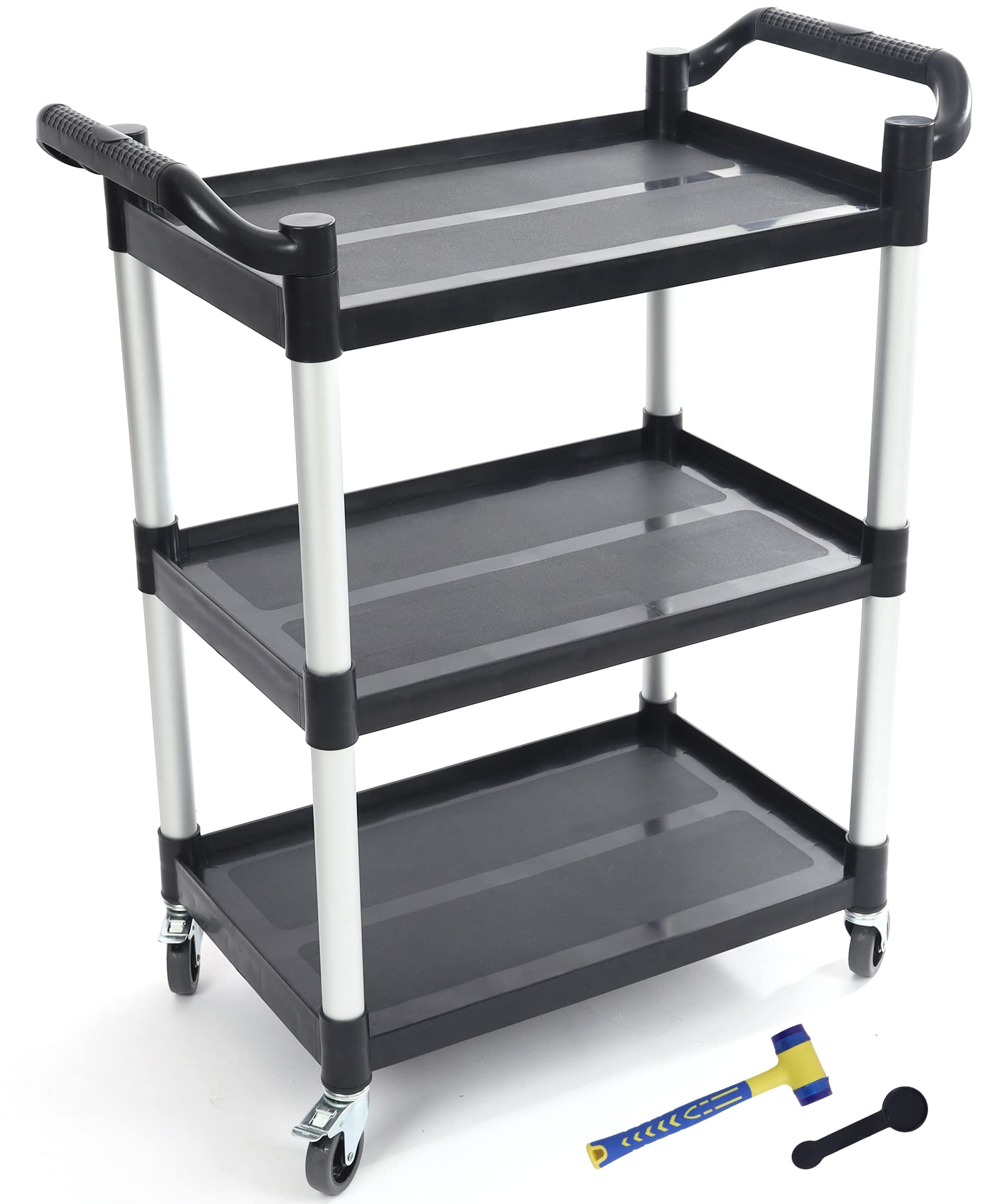 Utility Cart with Wheels, CRAFTFORCE 3-Tier Food Service Cart, Heavy Duty 528lbs Capacity Rolling Utility Cart with Lockable Wheels for Office, Kitchen, Garage, Warehouse, 31.5" x 16.9" x 37.8", Black