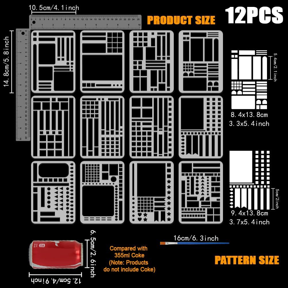 FINGERINSPIRE 12PCS Diary Layout Grids Stencil with Paint Brush 5.83x4.13inch 12 Styles Diary Grids Pattern Stencil Reusable Planner Stencils for Painting on Wood Wall Fabric Furniture DIY Home Decor