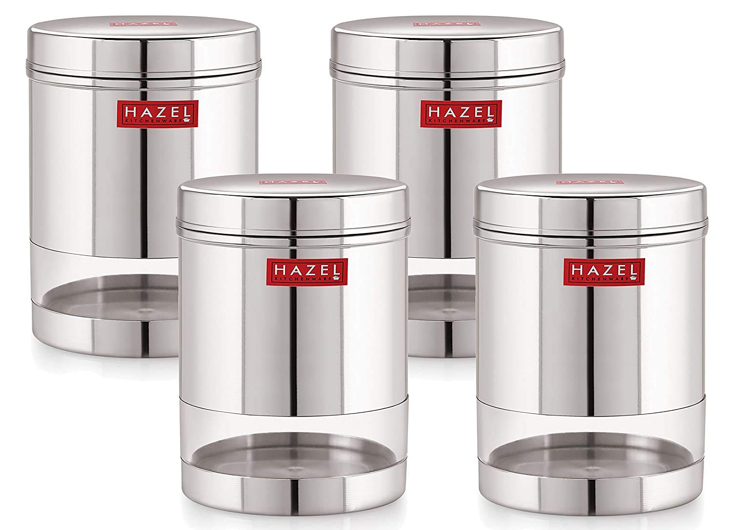 HAZEL Stainless Steel Transparent Wide Mouth See Through Container, Silver, Set of 4, 950 Ml