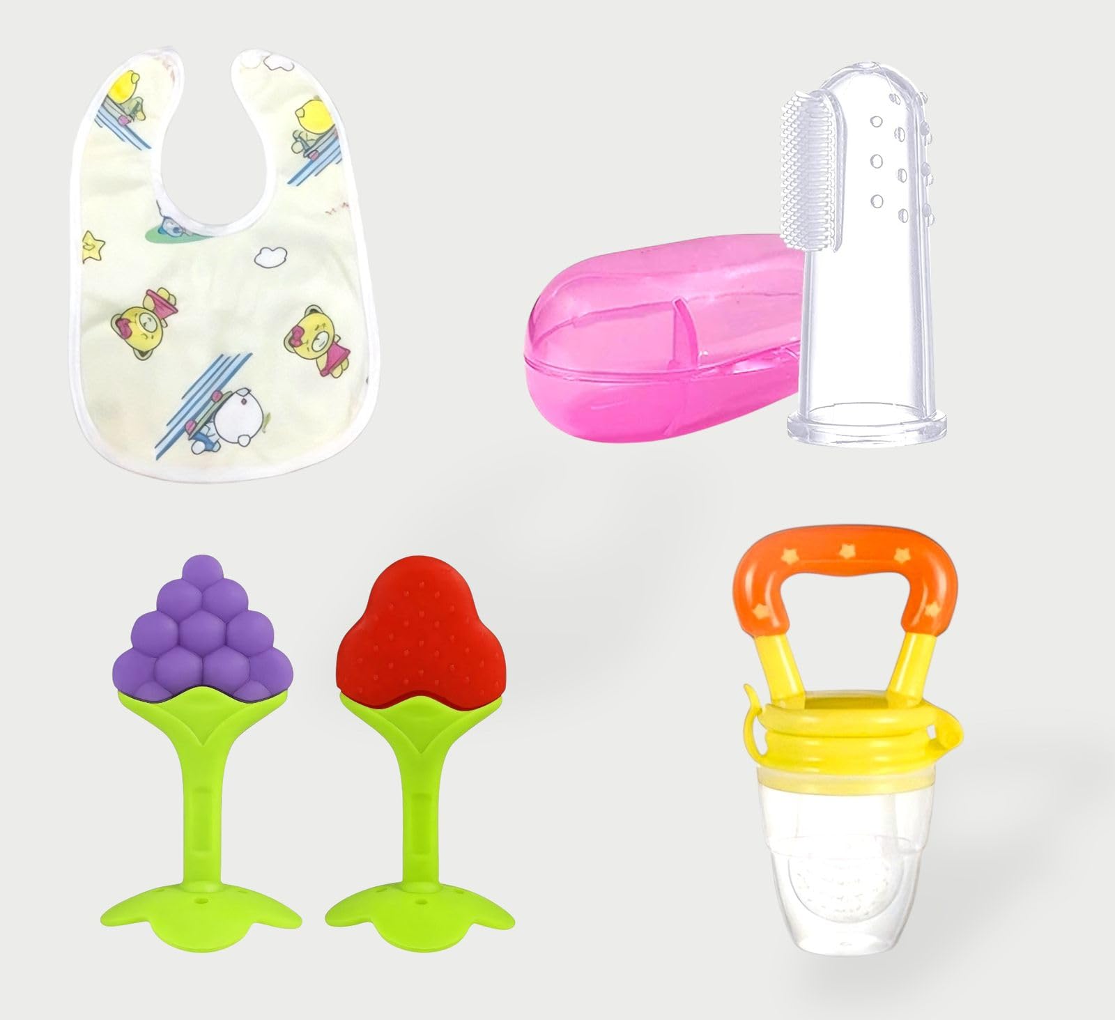 Baby Care Combo Set, 5 Pieces with Bib, Finger Toothbrush, Silicone Teethers, and Fruit Feeder-image-46
