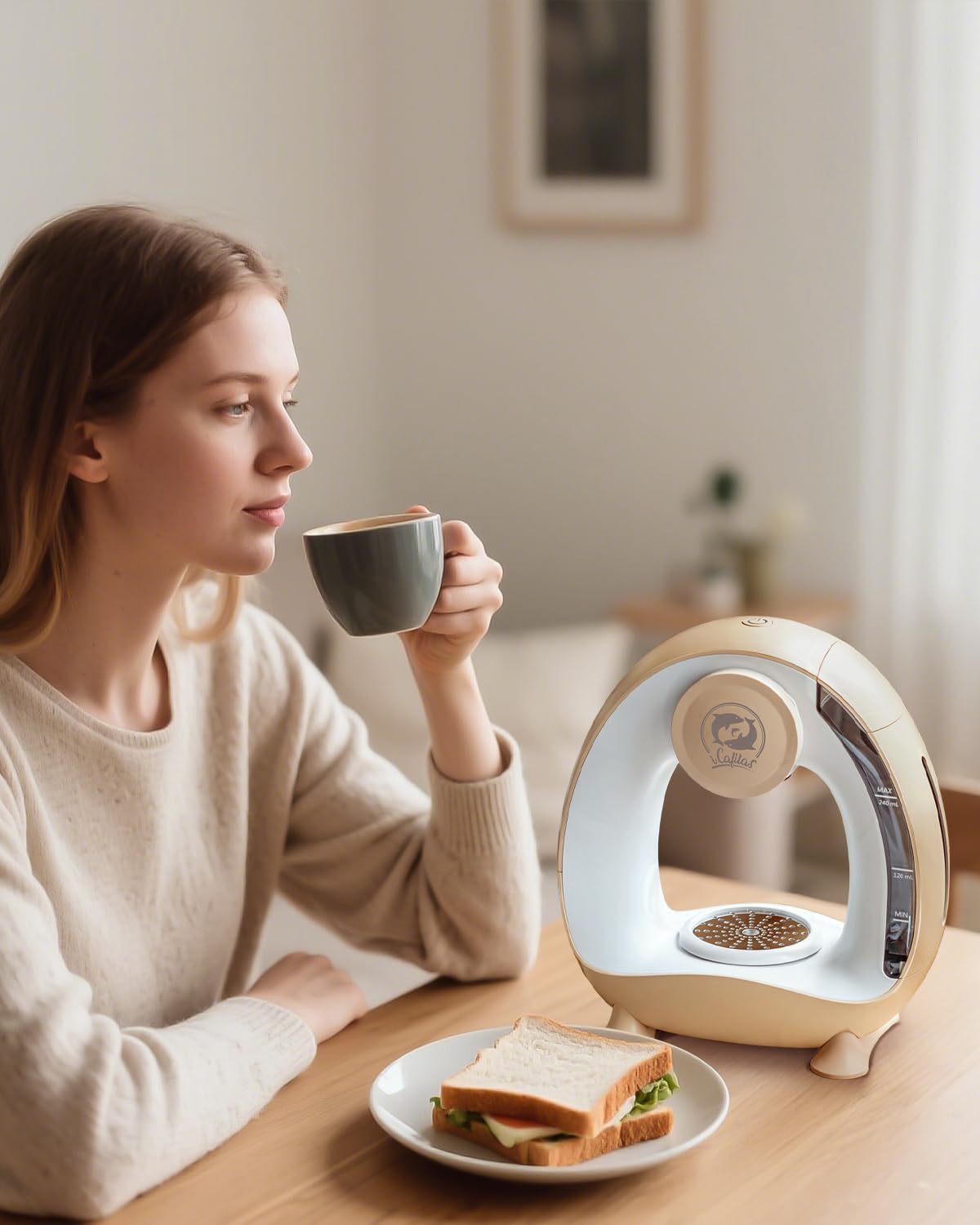 i Cafilas Mini Machine à Café Électrique, Cafetière 2-en-1 pour Café Moulu et Thé, Chauffage Rapide 20 s, Café Prêt en 2 min, Compacte pour Petit Espace, Champagne