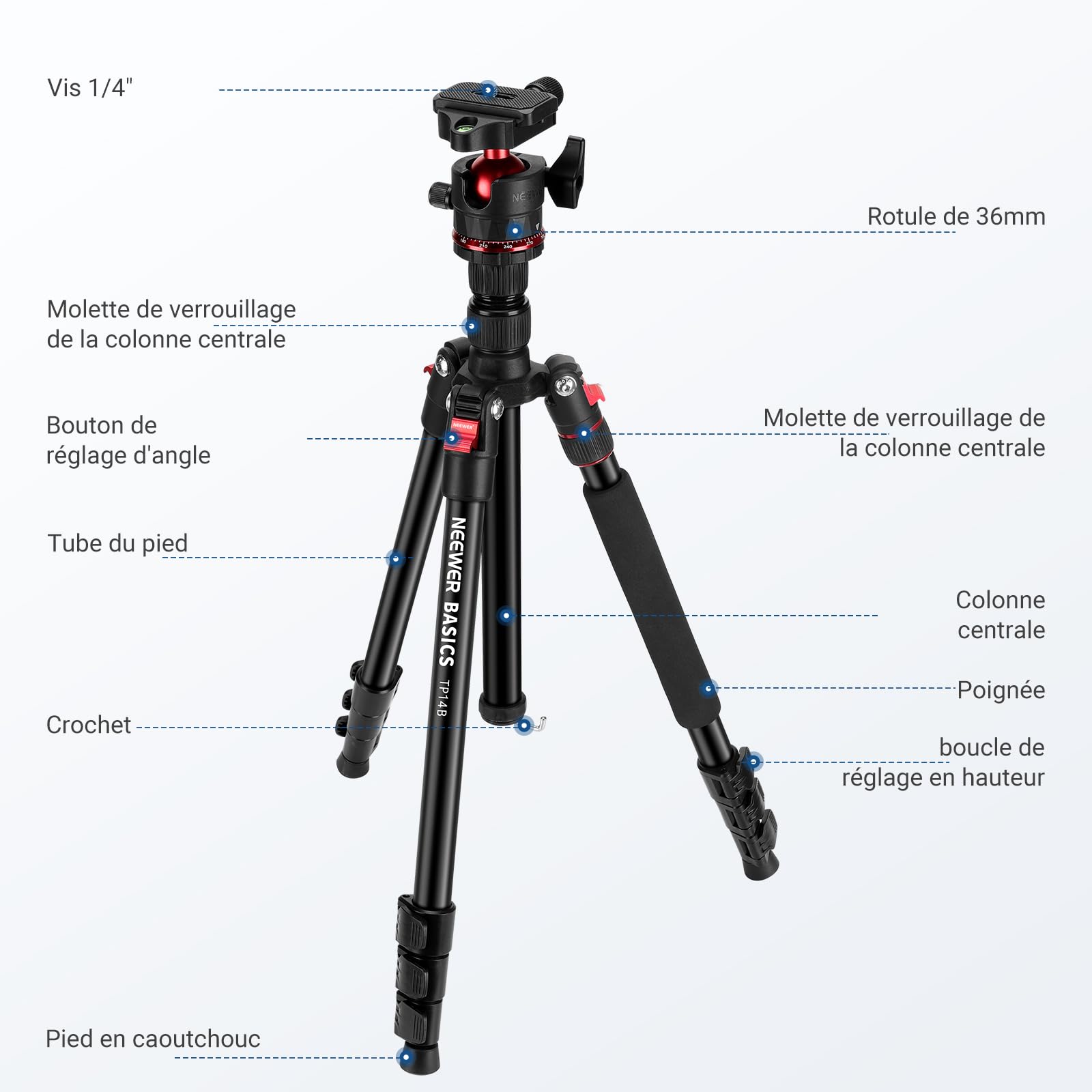NEEWER Basics 72'' Trépied Monopode de Voyage pour Appareil Photo，Support Compact et Léger pour d'enregistrement vidéo Portable, Rotule Arca, Compatible avec iPhone Portable,Max Load 13.2 LB, TP14B