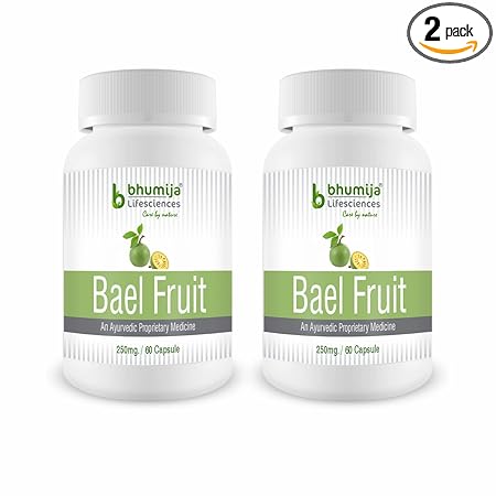 Bhumija Lifesciences Bael Fruit Capsules (60 Capsules 250MG per Capsule) Natural Bowel Cleaner | 100% Natural | Healthy, Dietary, Herbal | Stomach Health (Pack of 2)