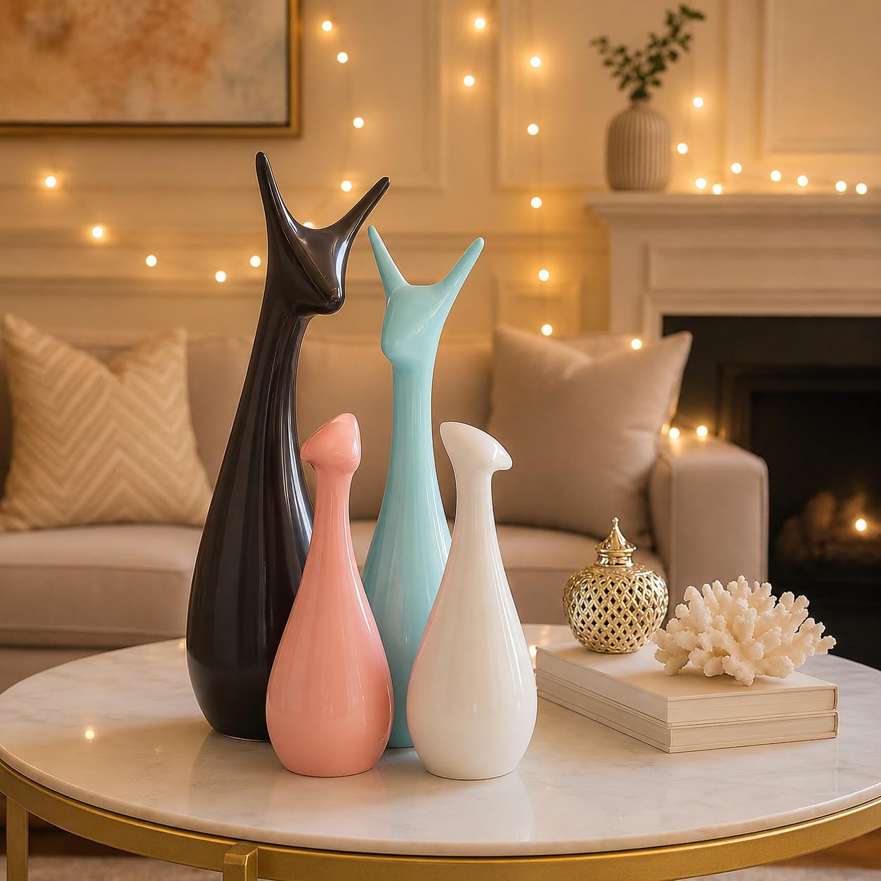 Xtore® Home Décor Lucky Deer Family Matte Finish Ceramic Figures- (Set of 4, Sky, Brown, Pink, Off-White)