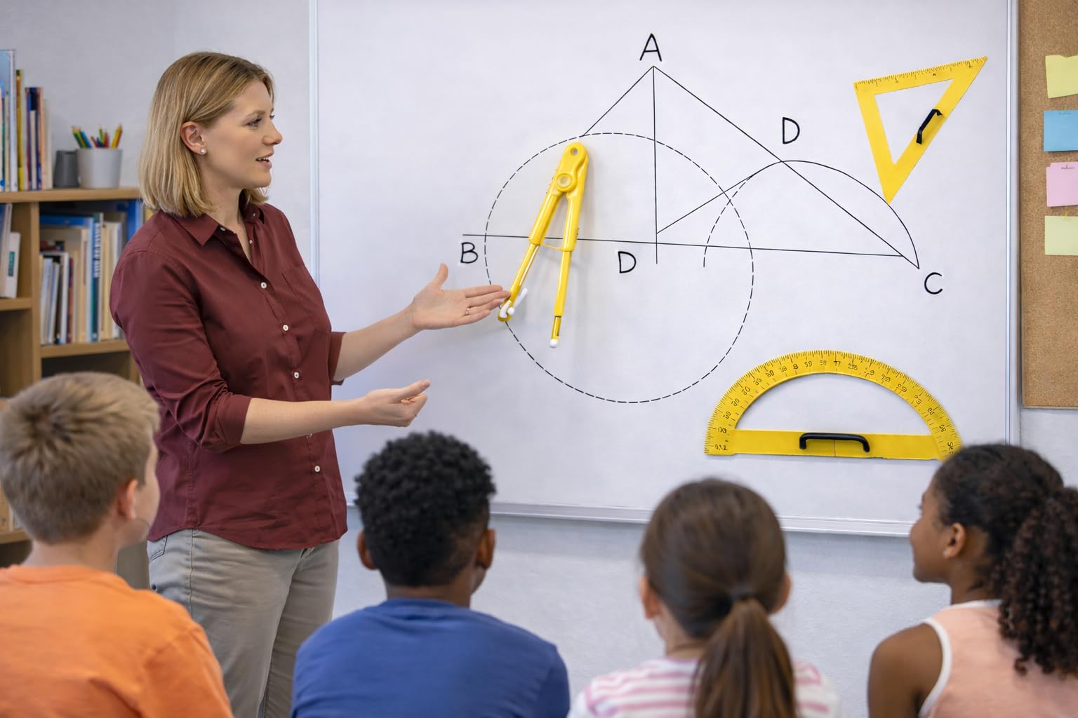 FAIBO Juego de Material Magnético para Pizarra – Regla 100 cm, Semicírculo, Escuadra, Cartabón y Compás – Accesorios Magnéticos de Plástico Amarillo con Empuñadura – 100% Reciclable
