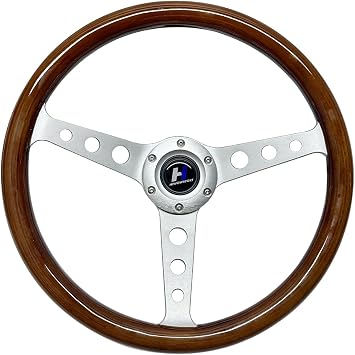 14inch Universal Classic Wood Grain Steering Wheel 6 Holes | Aluminum Brushed 3 Spoke,1.5inch Depth,with Horn Button For Racing/Rally/Motorsports/Hot rod