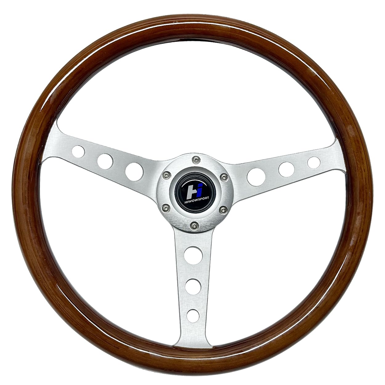 Volante universal Hiracing de 14 pulgadas con veta de madera clásica, cepillado, 3 radios, 1,5 pulgadas de profundidad, con botón de bocina y 6 pernos.