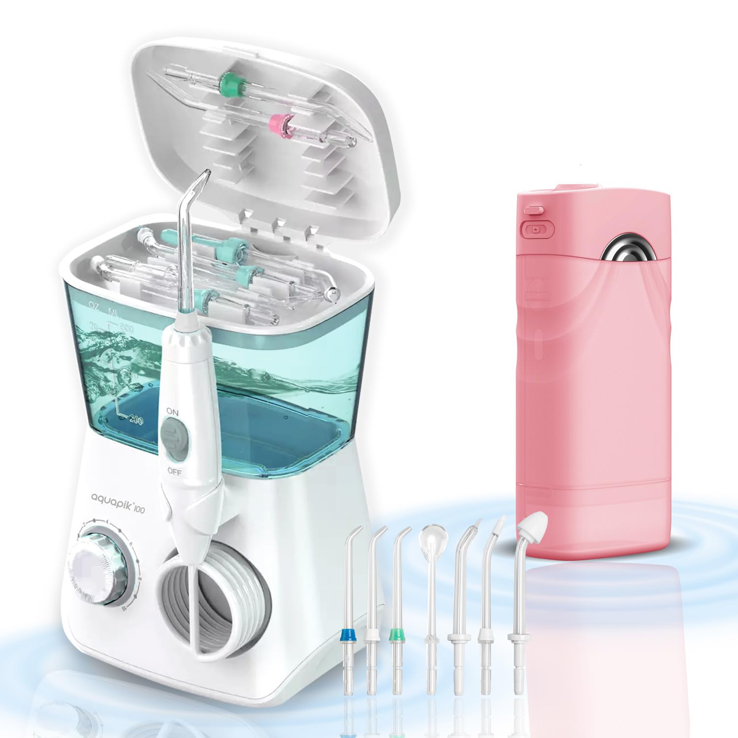 Aquapik® DUO irygator do jamy ustnej Aquapik® 100 Desktop + Aquapik® Mini, przenośny, zalecany przez dentystów + środek do usuwania płytki nazębnej + pielęgnuje implanty i ortodoncję, głęboka higiena