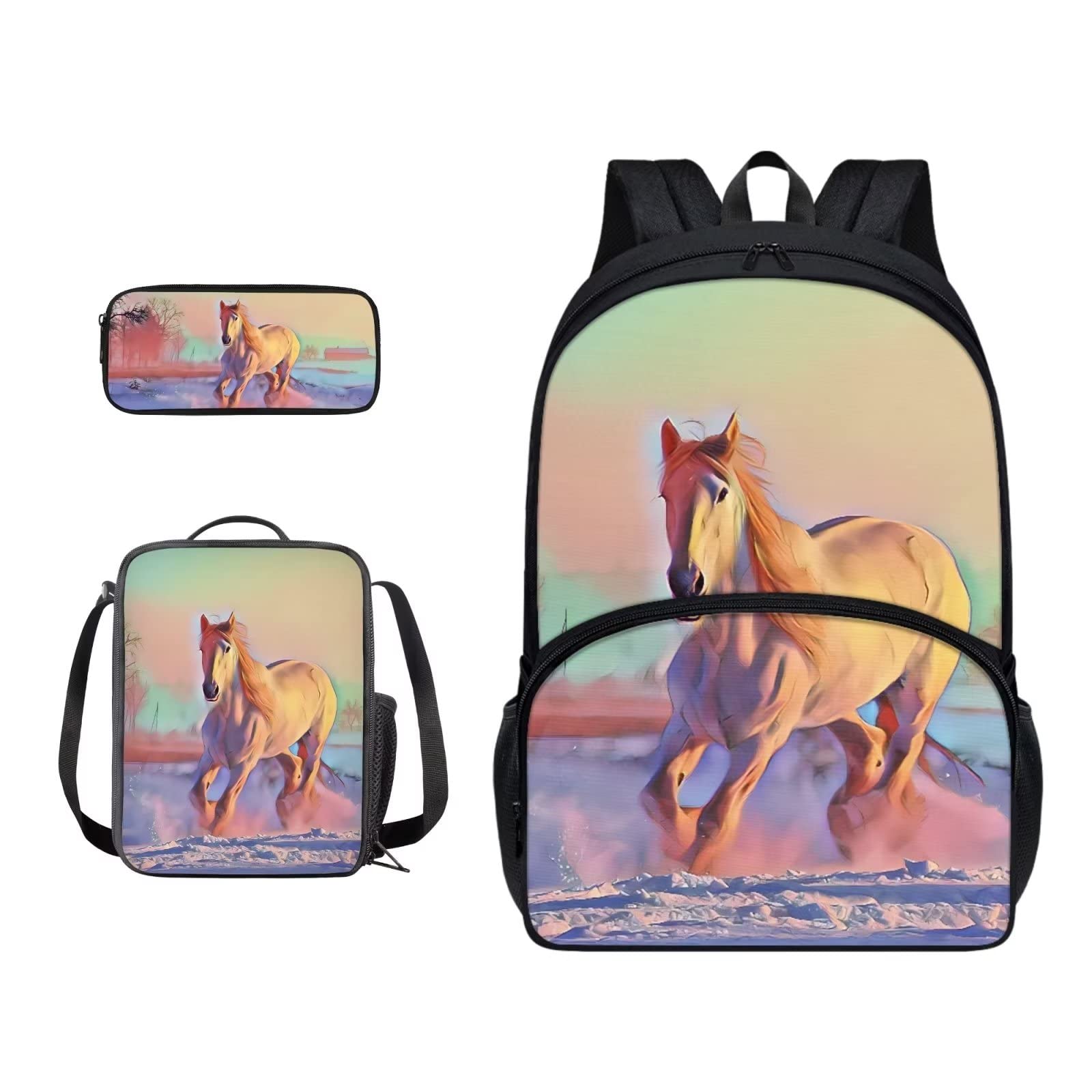 Poceacles Schultasche und Lunchbox-Set für Teenager, Jungen, Grundschule, Büchertasche, Federmäppchen für Grundschulkinder, pferd, Einheitsgröße