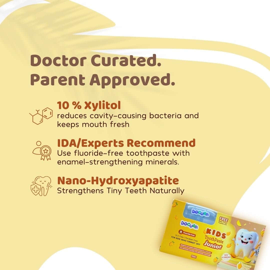 Docura Kids Toothpaste Junior, Natural Mango Flavour | Fluoride-Free, Safe if Swallowed | With Nano-Hydroxyapatite & Xylitol for Stronger Teeth | 50g + Free Baby Finger Toothbrush 1